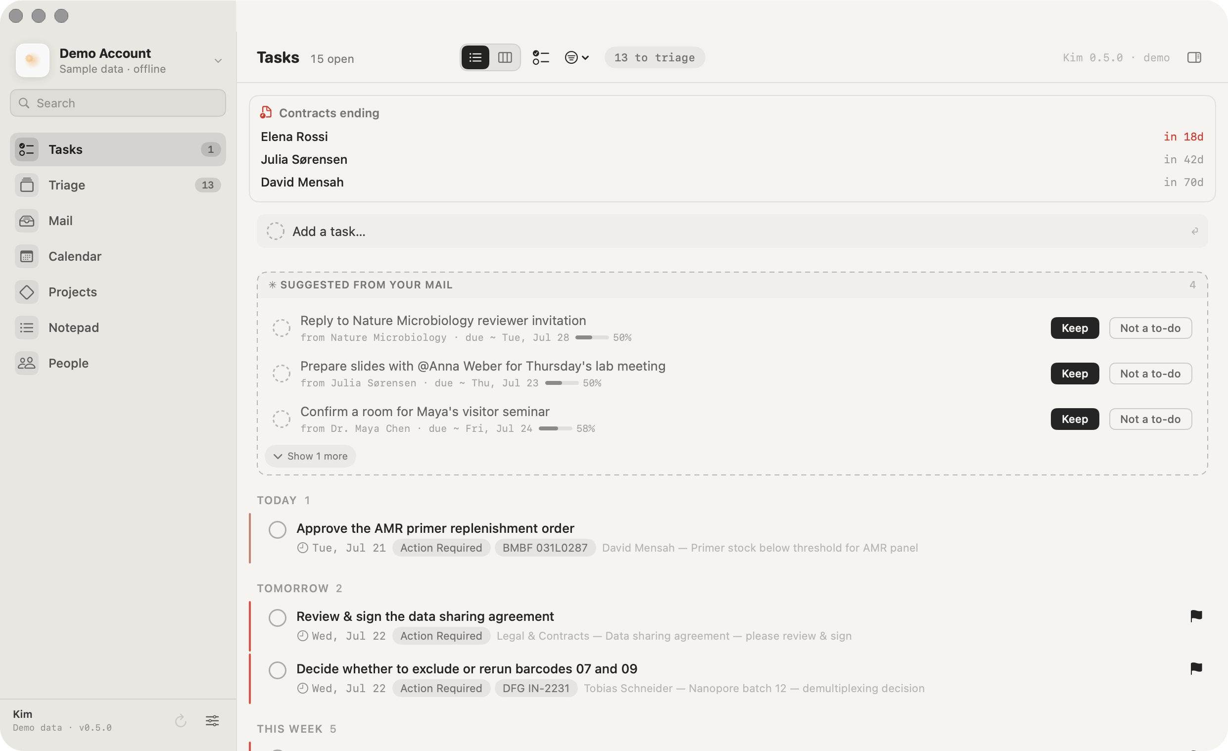Kim's task list built from mail — suggested to-dos with deadlines, contract reminders, and today's priorities